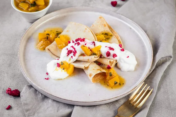 Pancakes with peach and mint sauce and sour cream, FOR MOMS program
